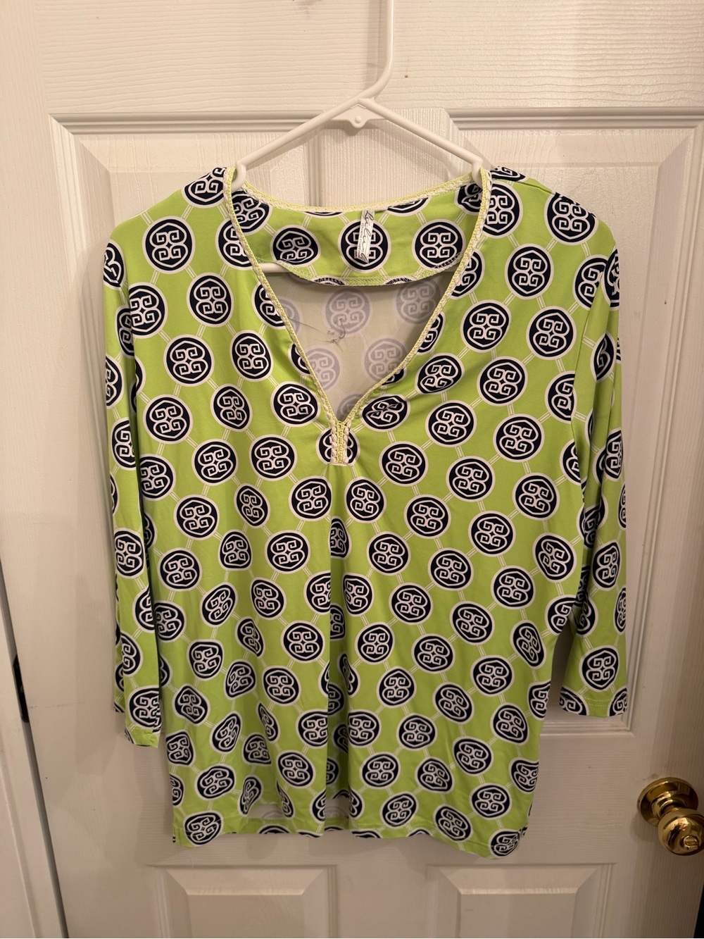 Lulu-B Lime Green Long Sleeve V-Neck Top with Navy & White Medallions